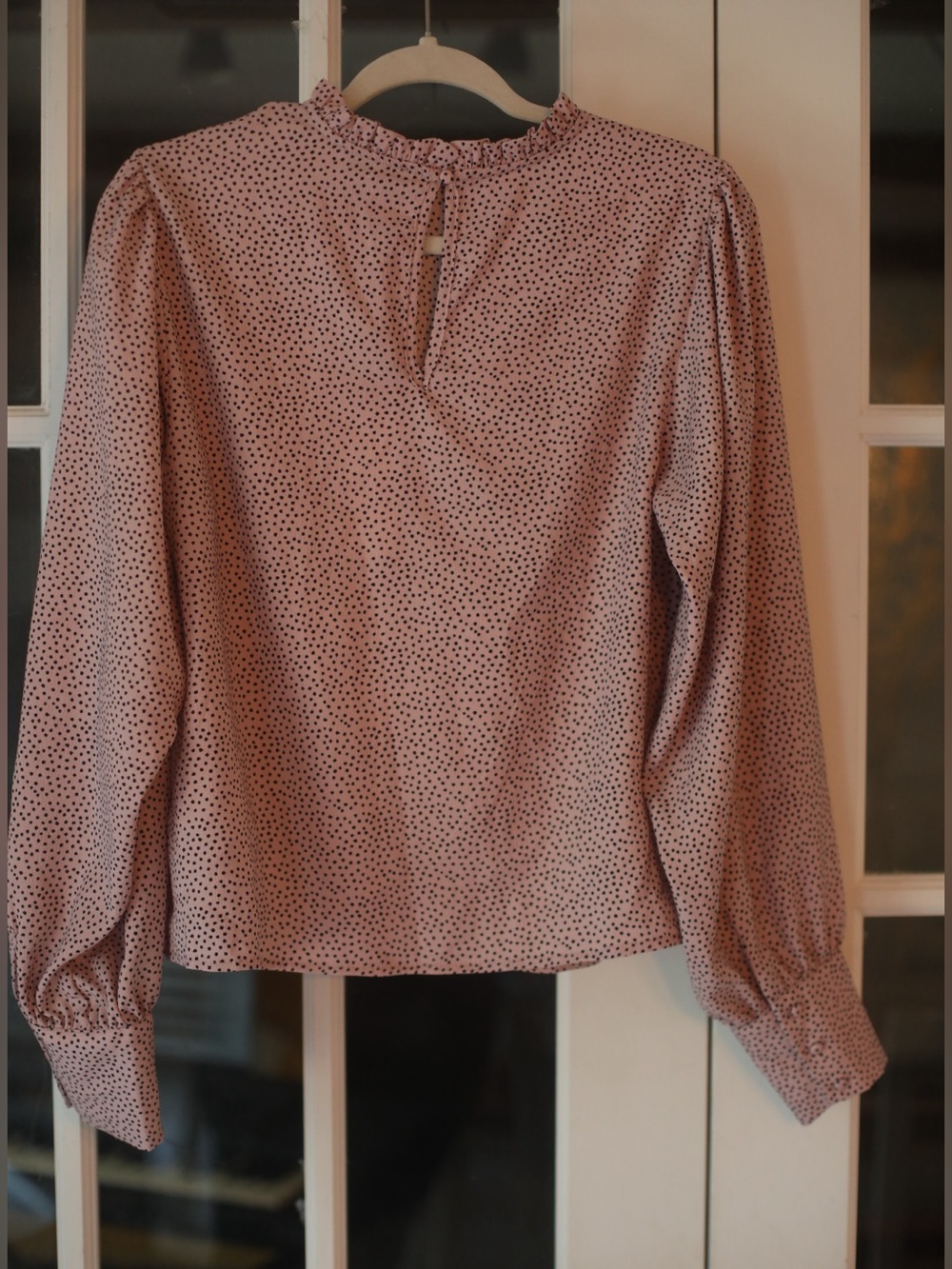 NWT Maison d’Amelie Medium Rose Pink Black Polka Dot Ruffle Neck Blouse - Picture 3 of 9